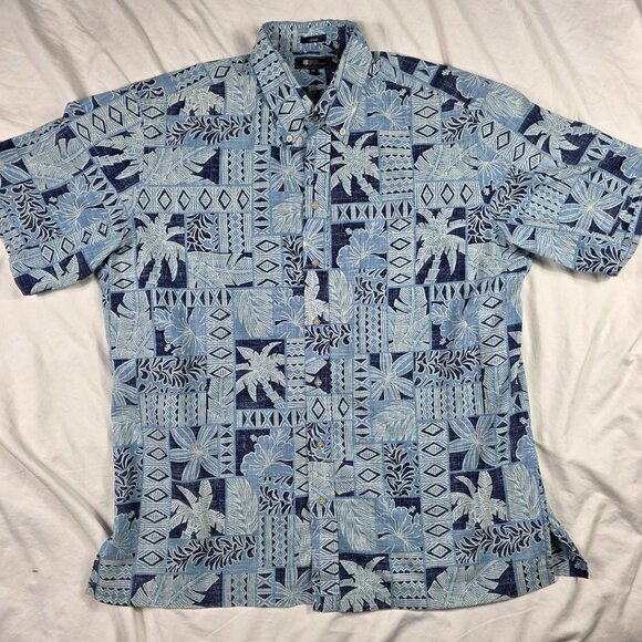Reyn Spooner Classic Mens Size XL Blue Hawaiian Button Up Shirt Palm Tree Print - Picture 1 of 9
